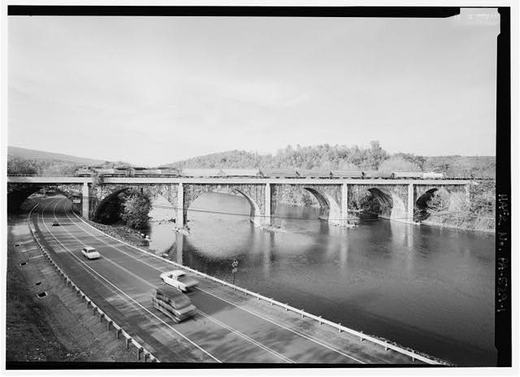 Overview elevation, looking NNE along Juniata River. - Pennsylvania Railroad, Mount Union Bridge, Spanning Juniata River
