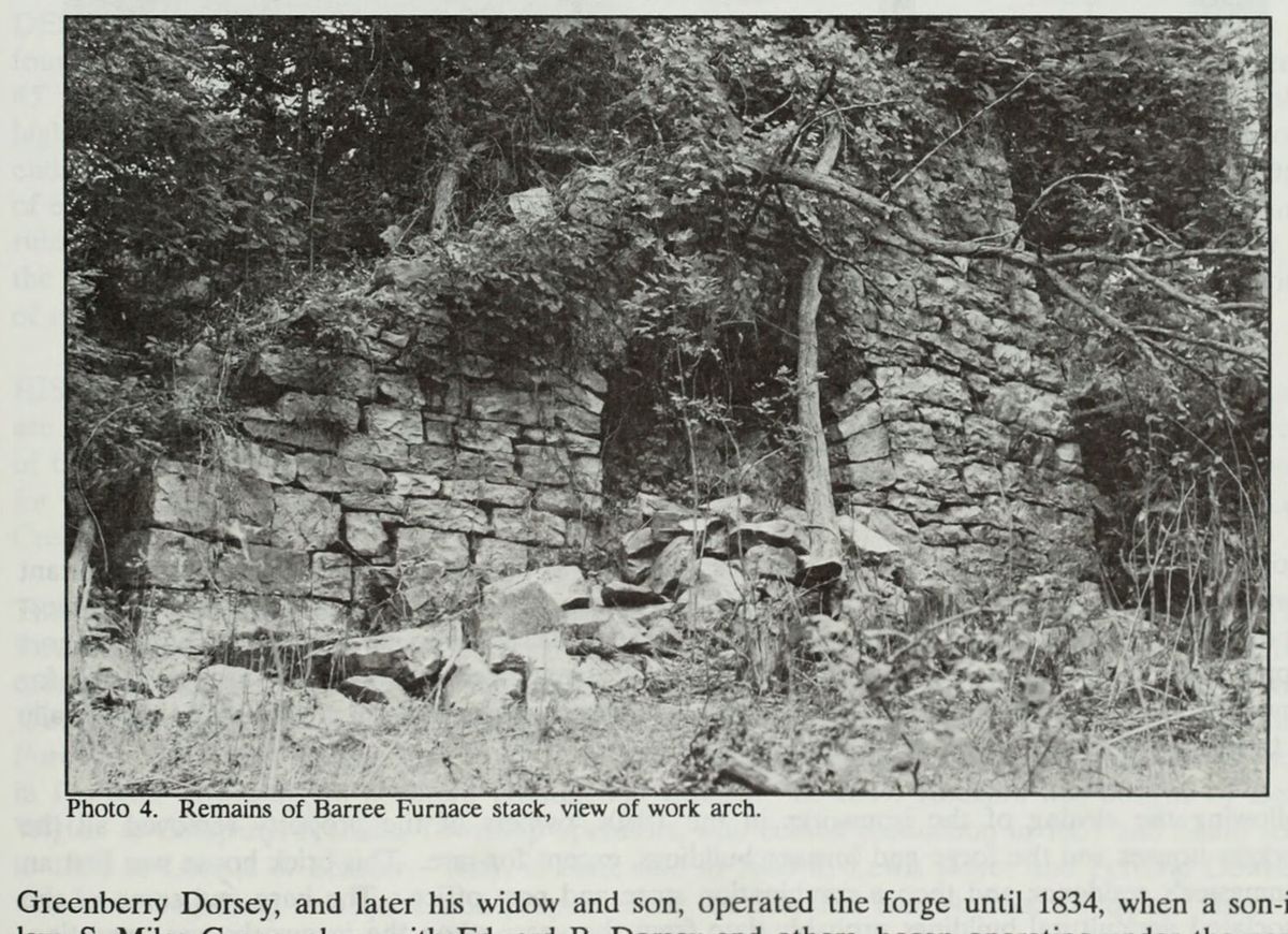 The remains of the Barree Furnace stack, the work arch at the centre, photographed for the National Park Service survey of the county's industrial sites in 1991.