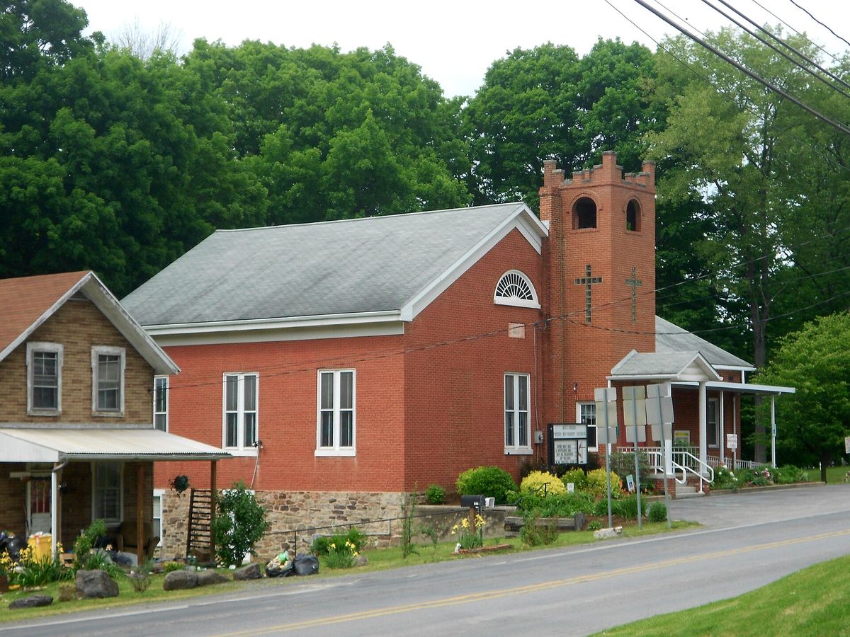 Mill Creek United Methodist Church, Mill Creek, Huntingdon County. The date stone reads MEC 1852.