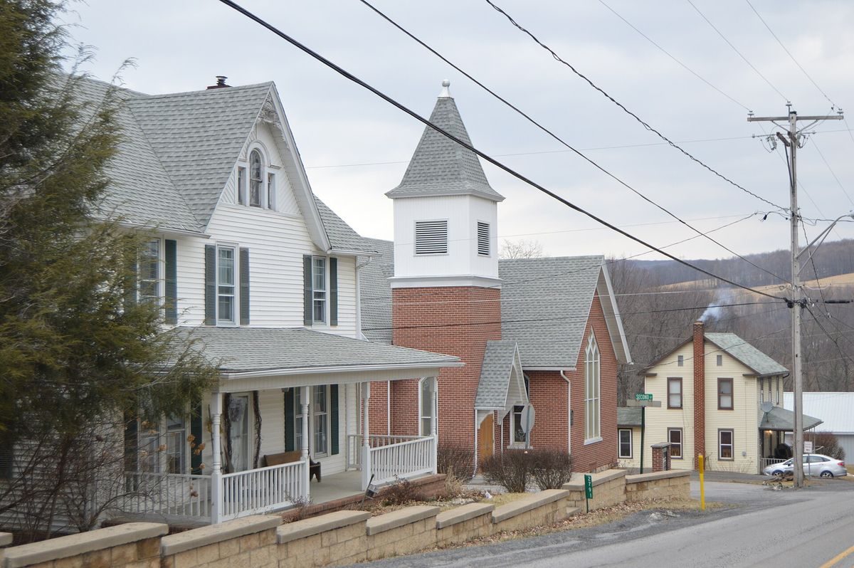 Houses and the Methodist church on the northern side of Washington Street at the Second Street intersection, Dudley, Pennsylvania