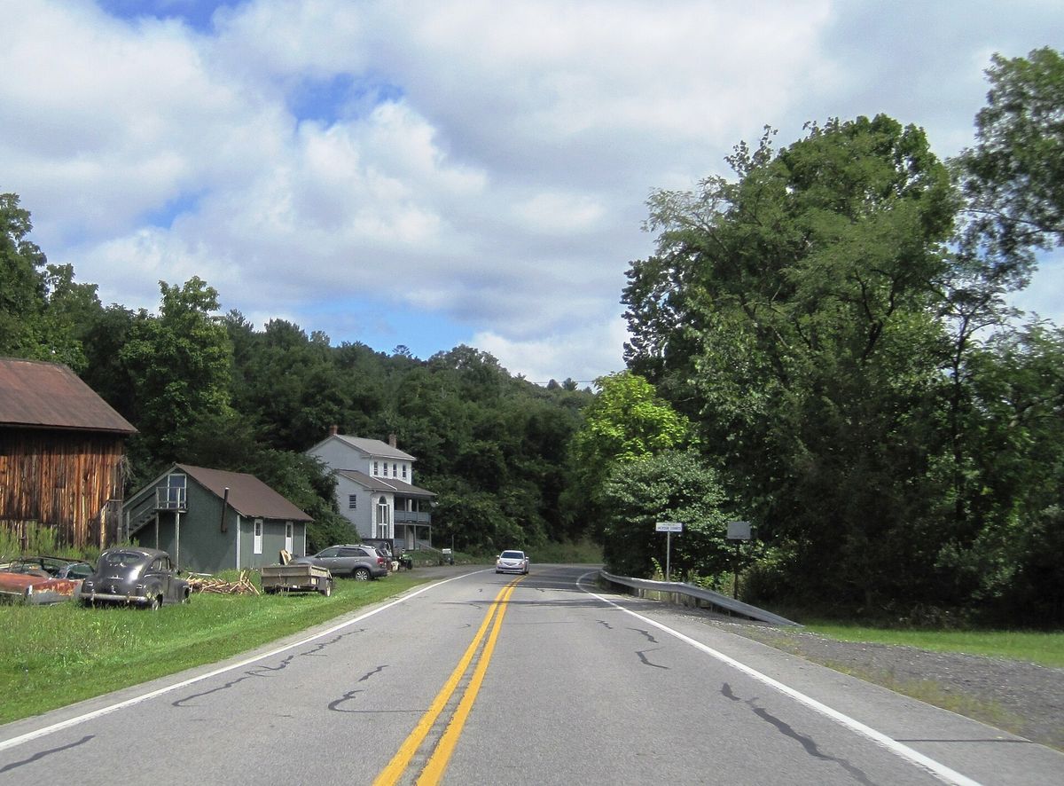 northbound Pennsylvania Route 26 (Standing Stone Road) entering the village of Jackson Center within Miller Township, Huntingdon County, Pennsylvania. Photo taken looking east-northeast between Wesley Chapel Road and Eas