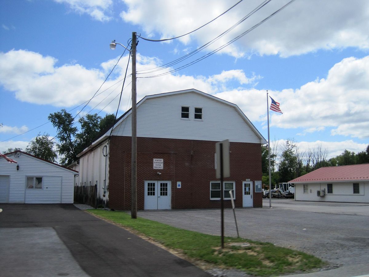 the Porter Township, Huntingdon County, Pennsylvania municipal building. Photo taken from Pennsylvania Route 305 (Bridge Street) looking east-southeast.