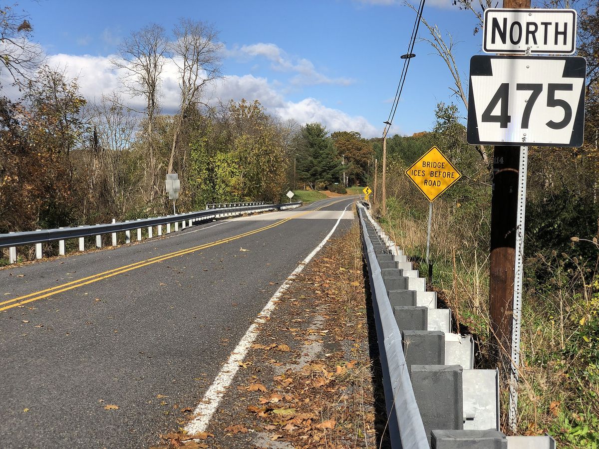View north along Pennsylvania State Route 475 (Church Street) at Walnut Grove Church Road in Springfield Township, Huntingdon County, Pennsylvania